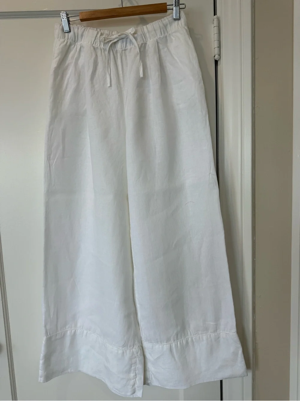 Zara White Wide-Leg Drawstring Linen-Blend Pants